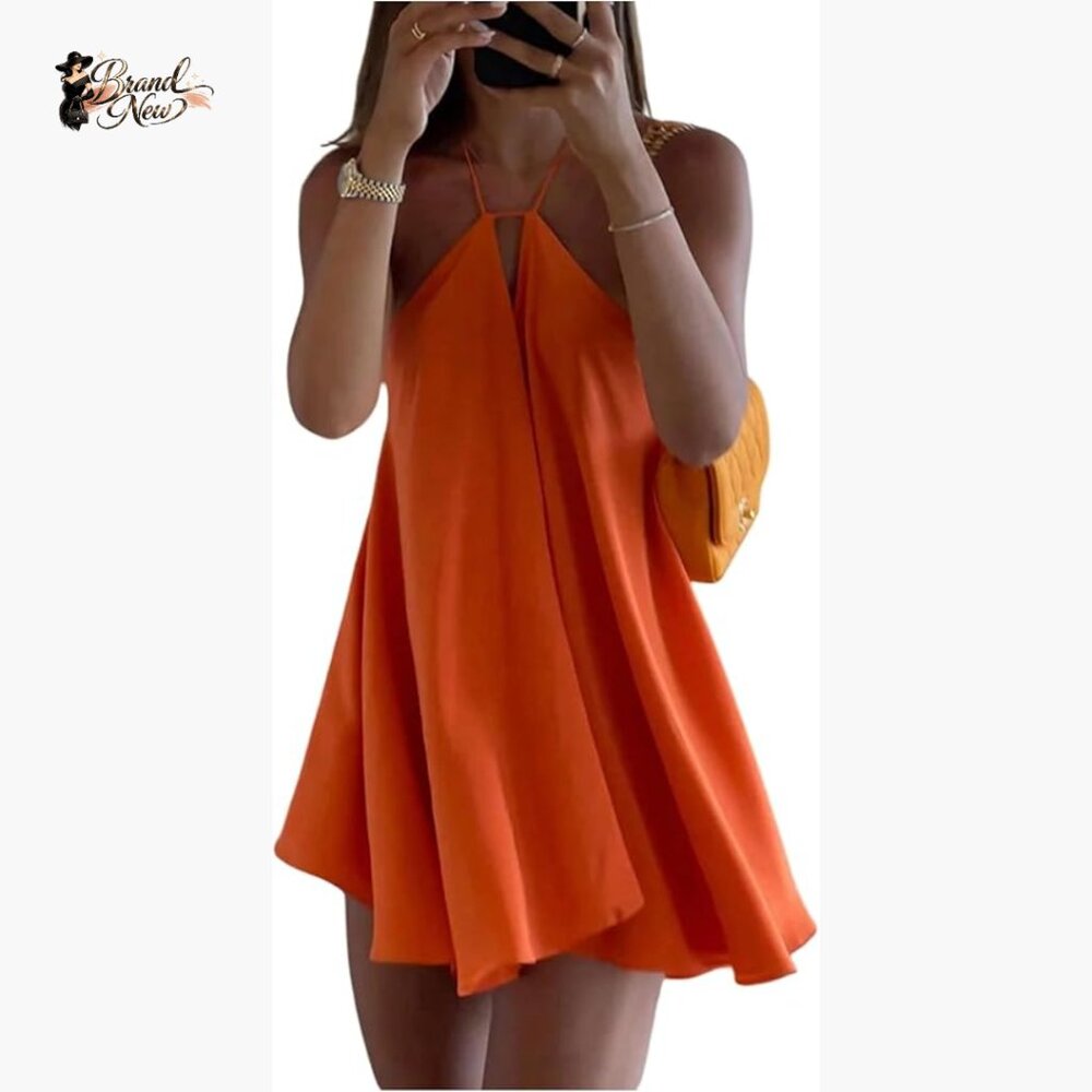 Mini Halter Backless Swing Dress, Lightweight Polyester, Beach Vacation